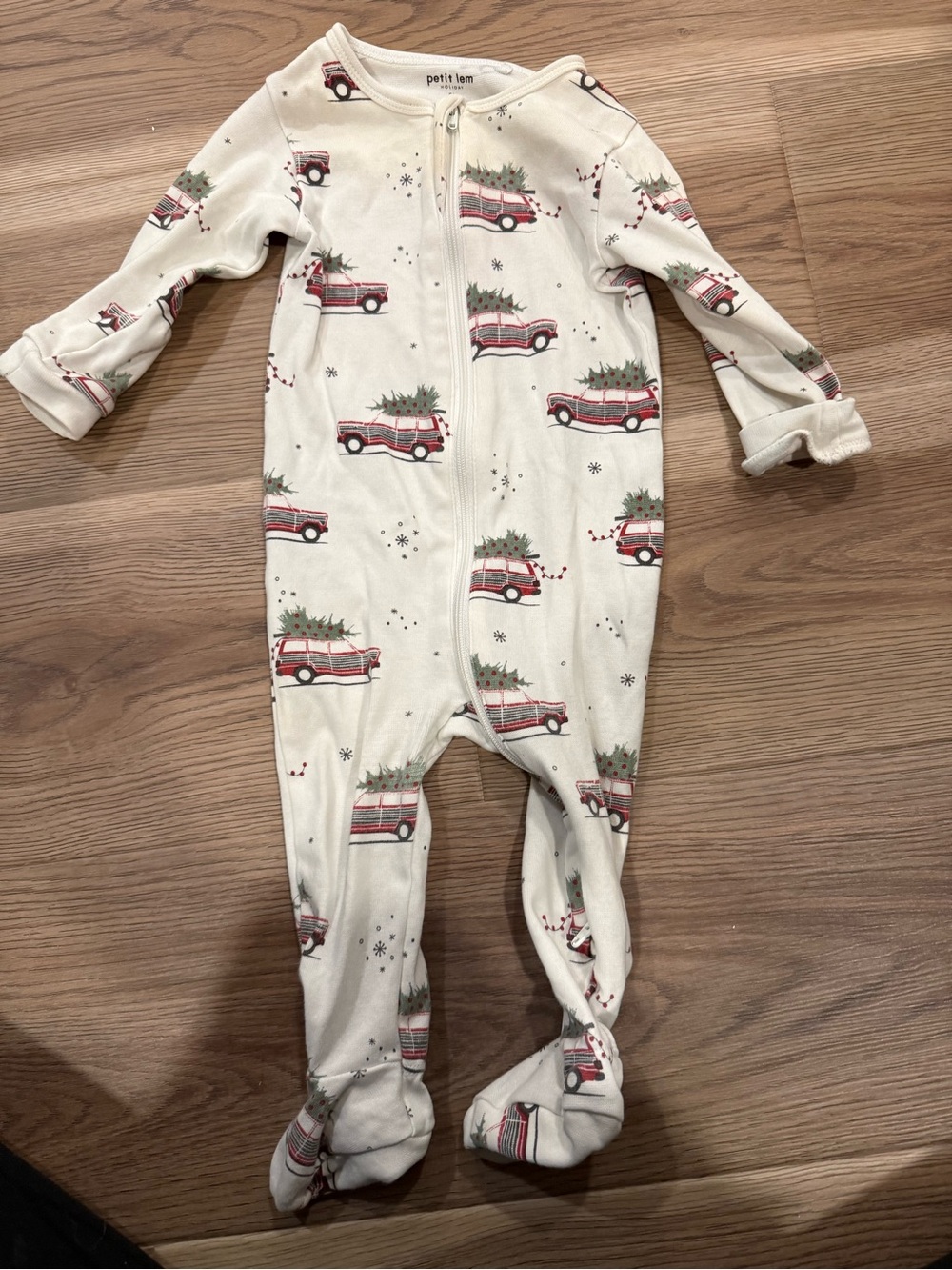 Petit Lem Cream Footed One-Piece with Red Truck and Green Tree Print